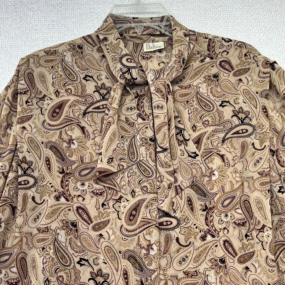 Vintage Dalton Blouse Women's‎ Paisley Print Long Sleeve Tie Neck Tan Brown